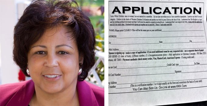 Idaho Rep. Cherie Buckner-Webb (left) and the KKK application mailed to her (right).