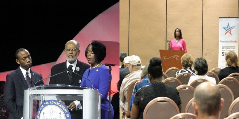 NAACP leadership at the 2014 national convention in Las Vegas (left). Deneen Borelli's FreedomWorks flop near the NAACP convention (right).