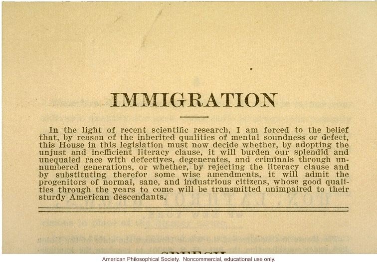 Eugenicist speech to House of Representatives on Immigration.