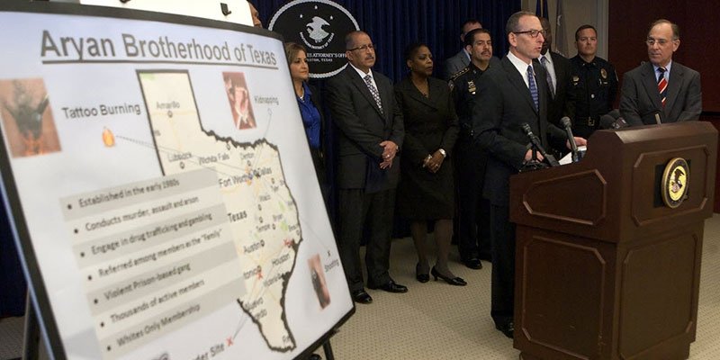 Law Enforcement Officials hold press conference after roundup of Aryan Brotherhood group in Texas