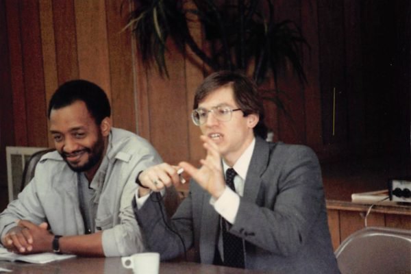 IREHR’s Dan Levitas with Jerry Pennick at the Posse Farm Far-Right Training at the Epps Alabama Training Center of the Federation of Southern Cooperatives (April 1987)