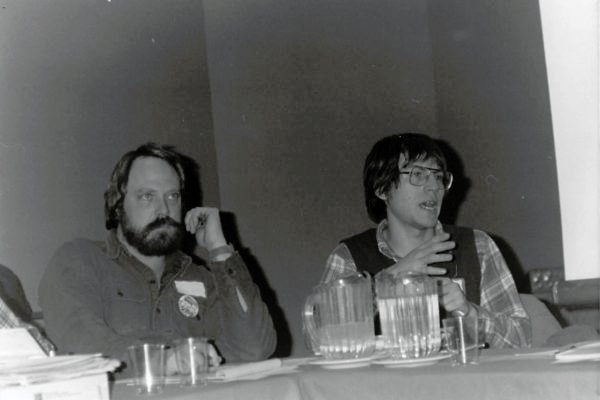 IREHR’s Dan Levitas and Roger Allison, Missouri Rural Crisis Center founding director, at farm far-right training (1986).